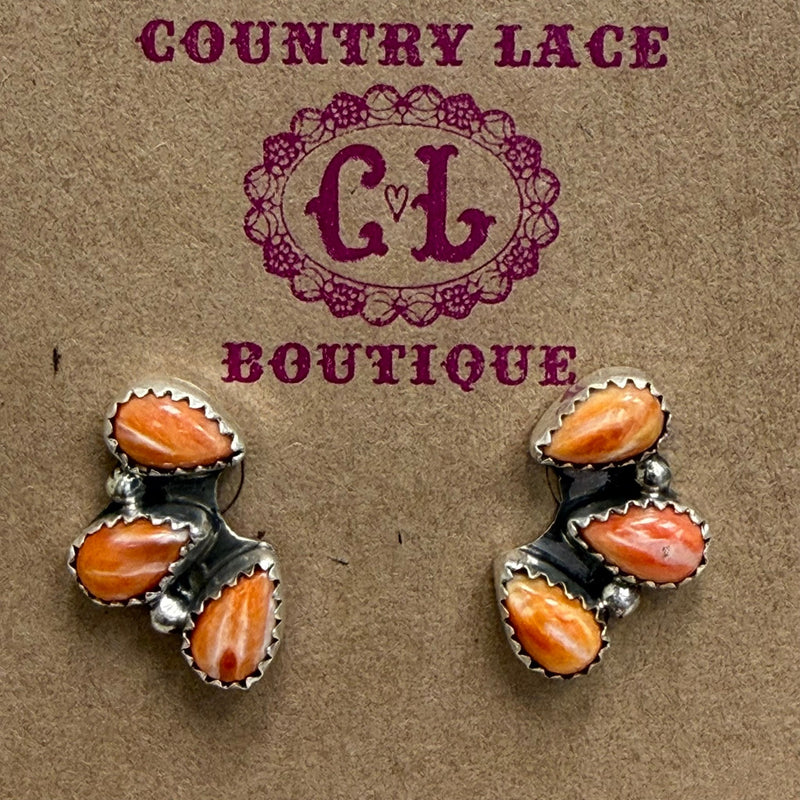 Dainty 3 Tear Drop Stone Orange Spiny Stud Sterling Silver Earring - Country Lace Boutique