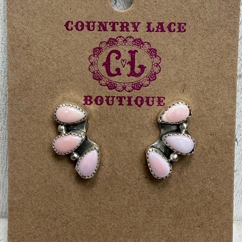 Dainty 3 Tear Drop Stone Pink Conch Stud Sterling Silver Earring - Country Lace Boutique