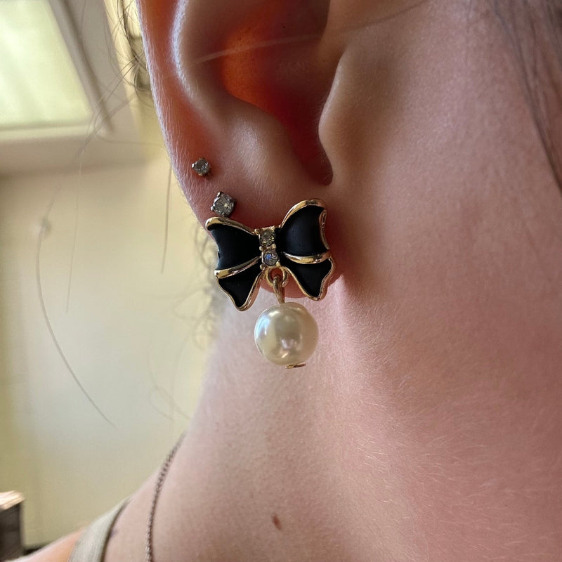 Dainty Black Bow with Dangle Pearl Gold Fashion Earrings - Country Lace Boutique