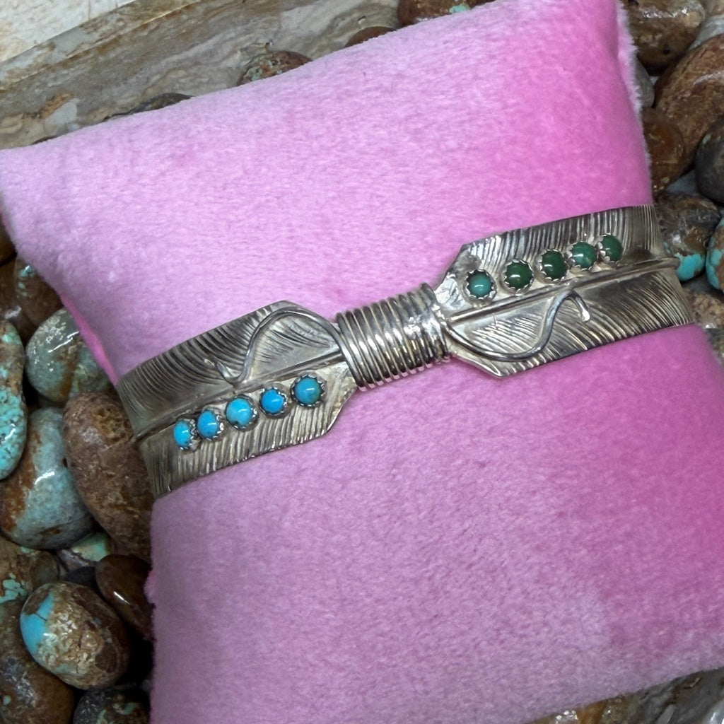 Dainty Feather with Turquoise Sterling Silver Cuff Bracelet - Country Lace Boutique