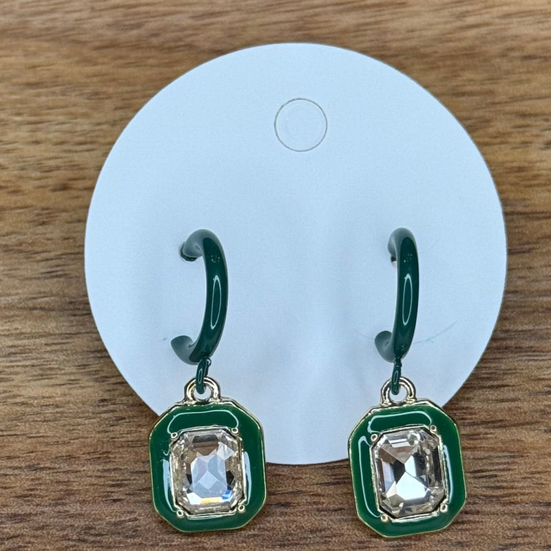 Dainty Green Hoop with Crystal Dangle Gold Post Fashion Earring - Country Lace Boutique