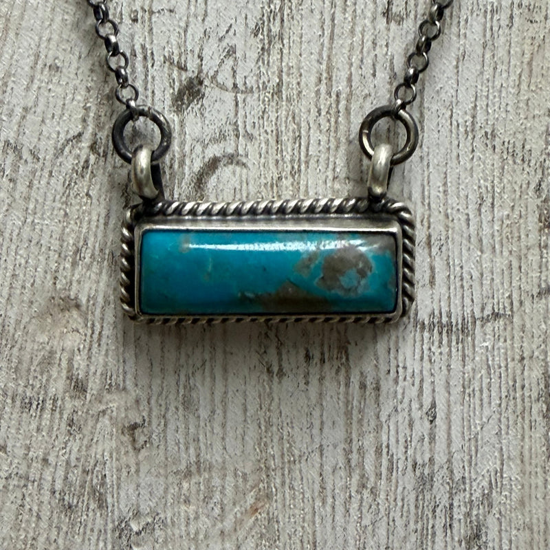 Dainty Kingman Turquoise Rope Detail Bar Sterling Silver Necklace - Country Lace Boutique