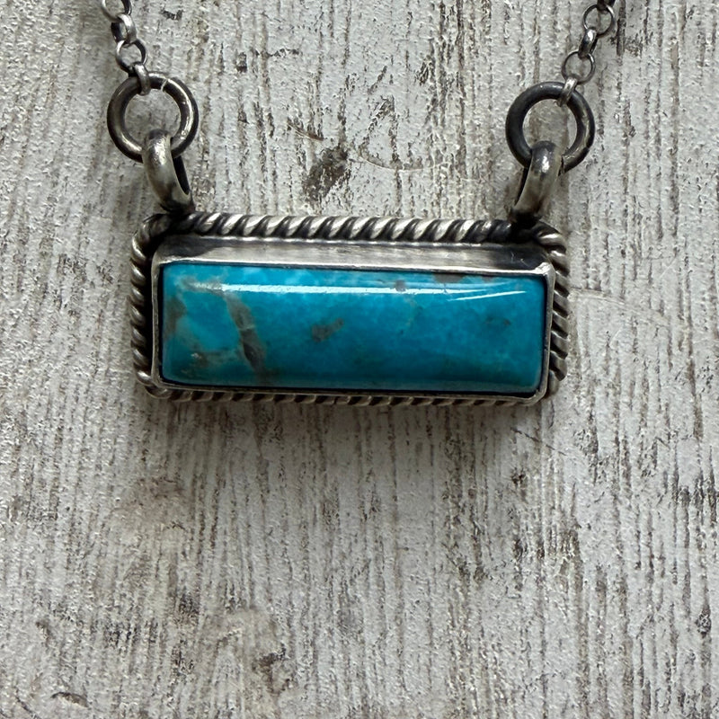 Dainty Kingman Turquoise Rope Detail Bar Sterling Silver Necklace - Country Lace Boutique