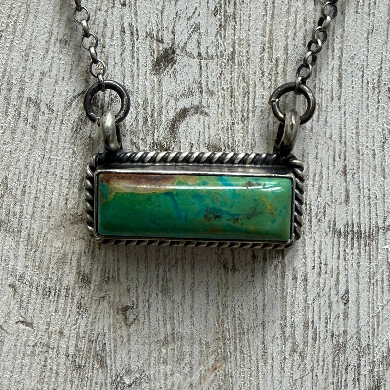 Dainty Kingman Turquoise Rope Detail Bar Sterling Silver Necklace - Country Lace Boutique