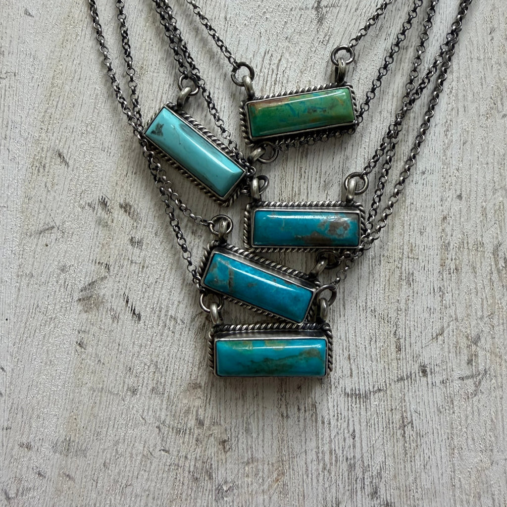 Dainty Kingman Turquoise Rope Detail Bar Sterling Silver Necklace - Country Lace Boutique