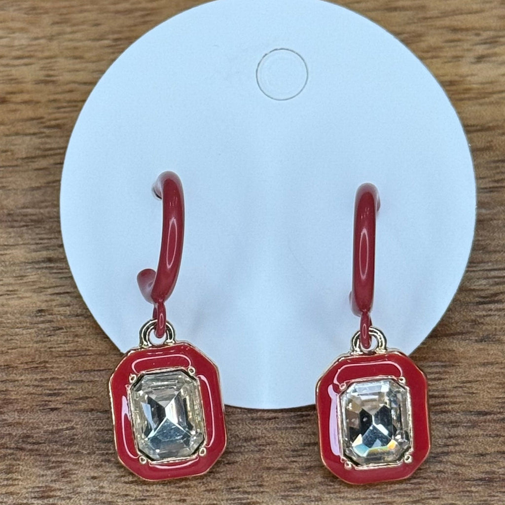 Dainty Red Hoop with Crystal Dangle Gold Post Fashion Earring - Country Lace Boutique