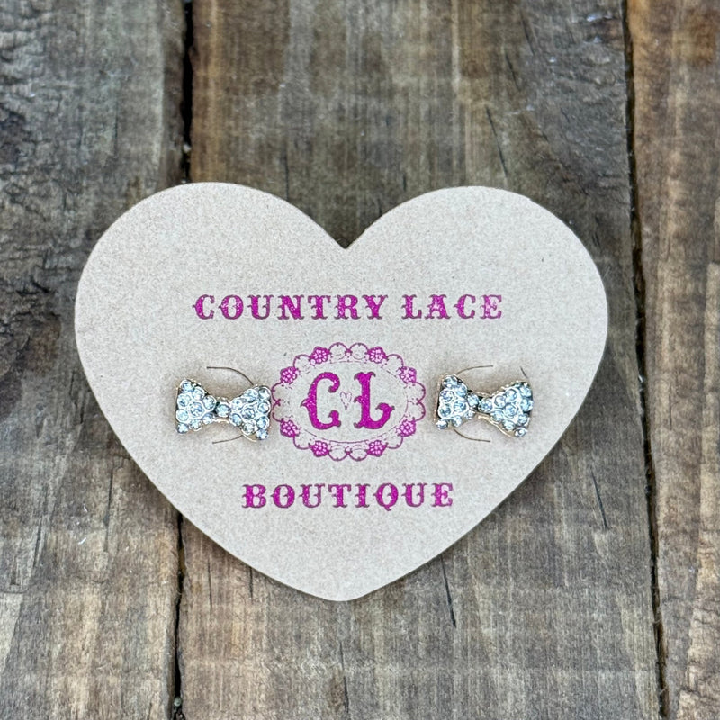 Dainty Sparkly Tiny Bow Gold Post Stud Fashion Earrings - Country Lace Boutique