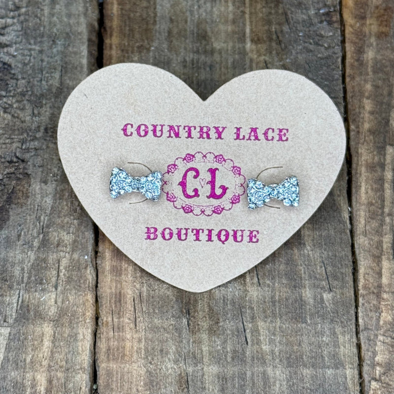 Dainty Sparkly Tiny Bow Silver Post Stud Fashion Earrings - Country Lace Boutique