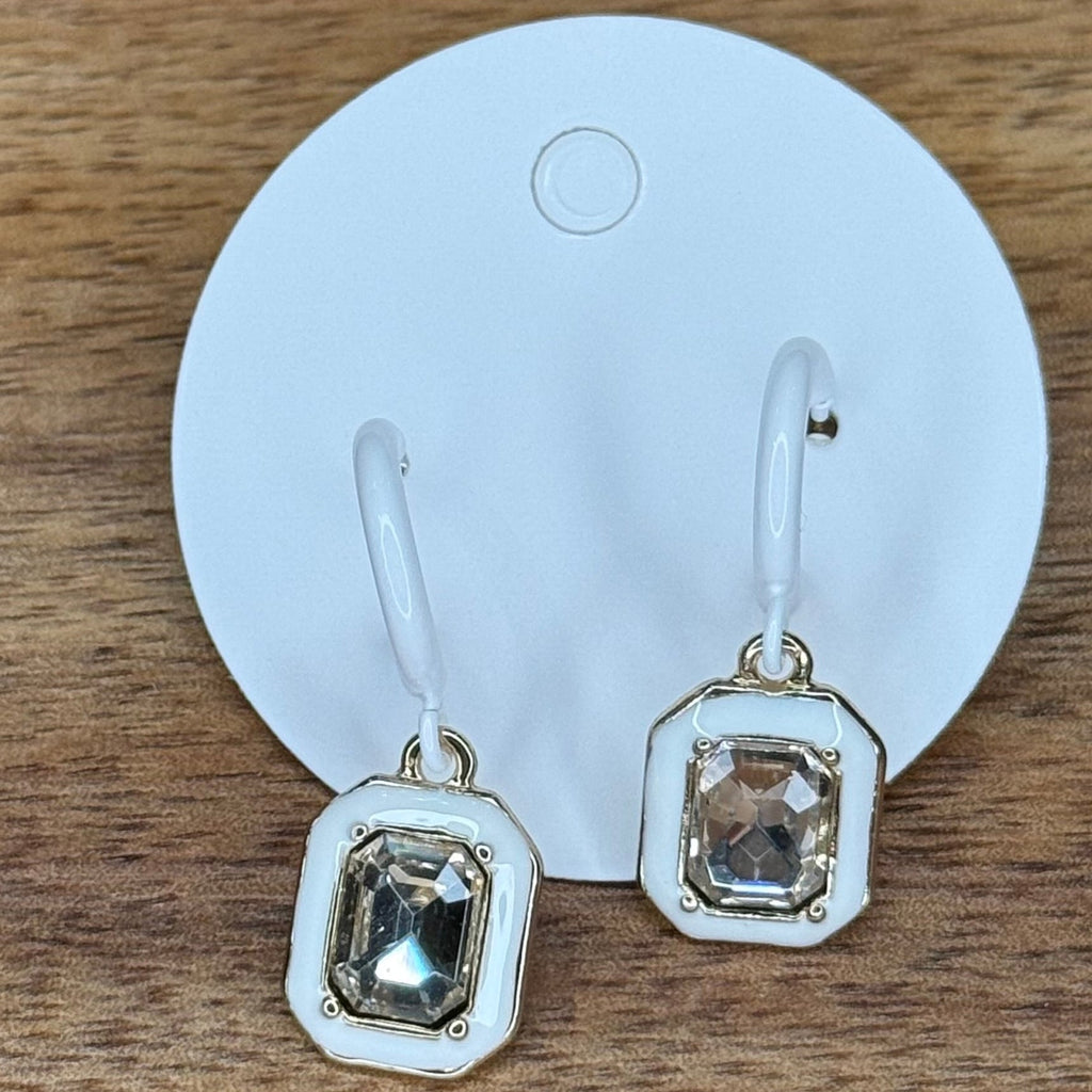 Dainty White Hoop with Crystal Dangle Gold Post Fashion Earring - Country Lace Boutique