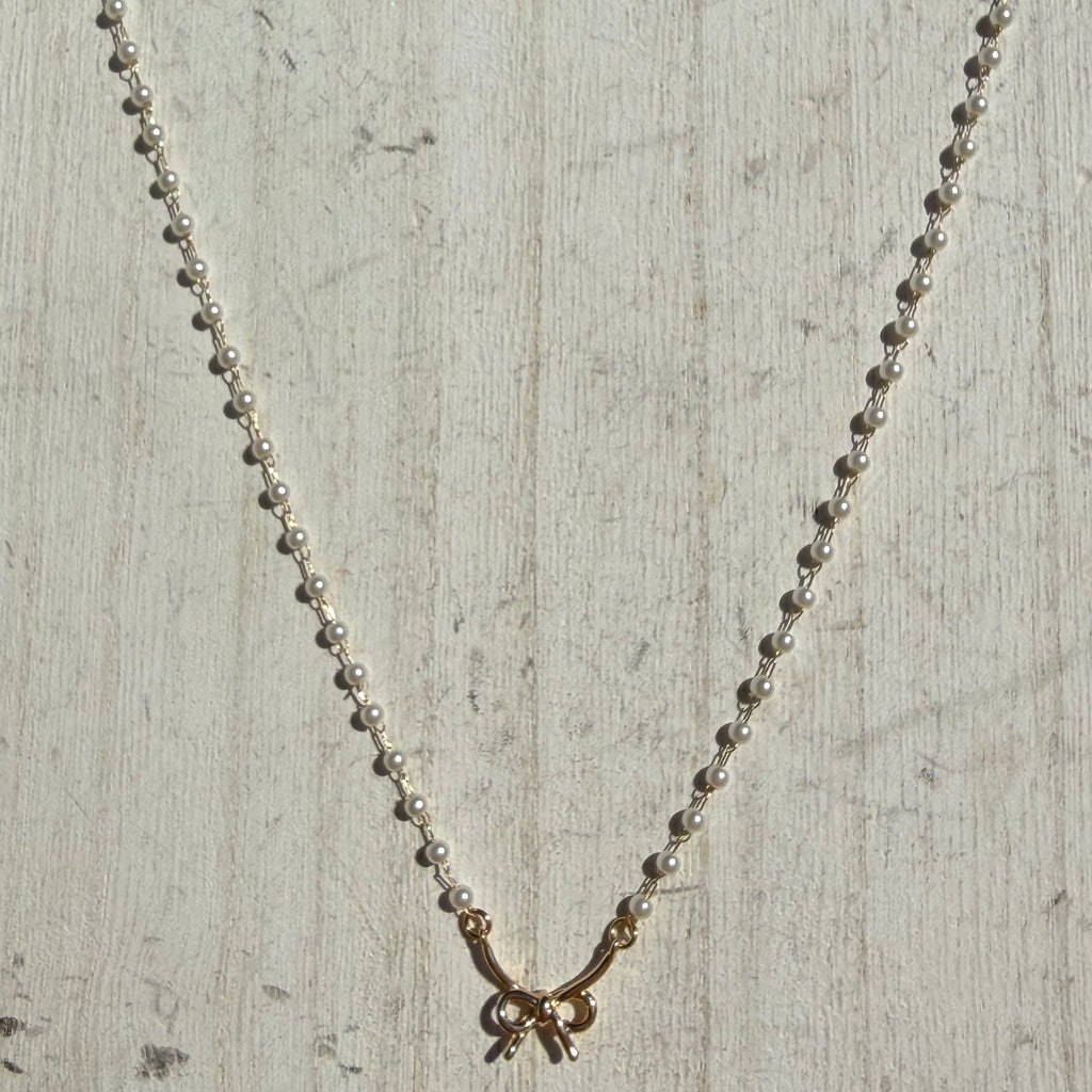 Dainty White Pearl with Gold Bow Fashion Necklace - Country Lace Boutique
