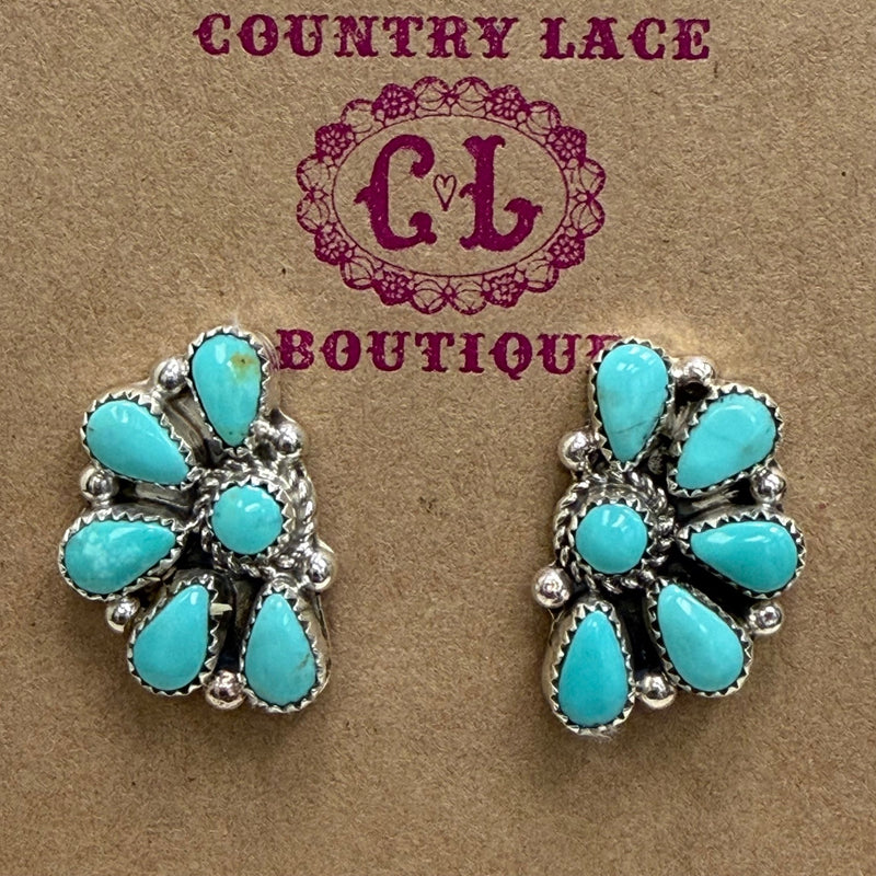 Dainty Zuni Kingman Turquoise Half Cluster Post Sterling Silver Earring - Country Lace Boutique