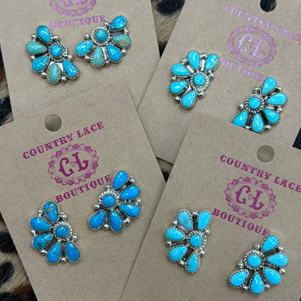 Dainty Zuni Kingman Turquoise Half Cluster Post Sterling Silver Earring - Country Lace Boutique