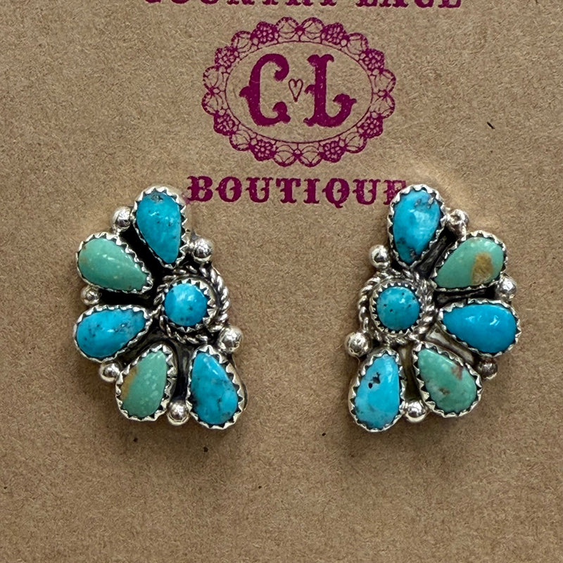 Dainty Zuni Kingman Turquoise Half Cluster Post Sterling Silver Earring - Country Lace Boutique
