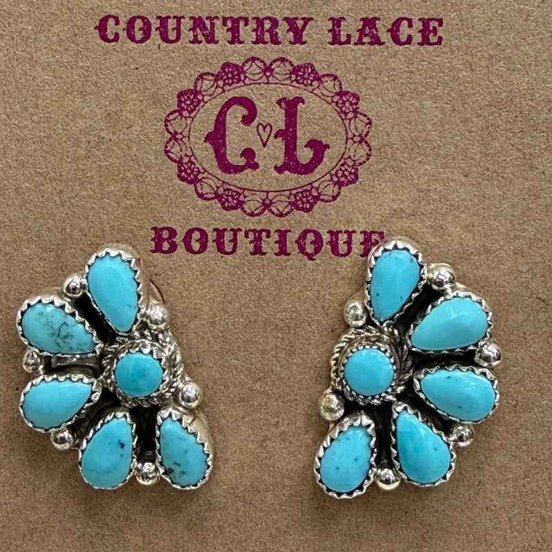 Dainty Zuni Kingman Turquoise Half Cluster Post Sterling Silver Earring - Country Lace Boutique