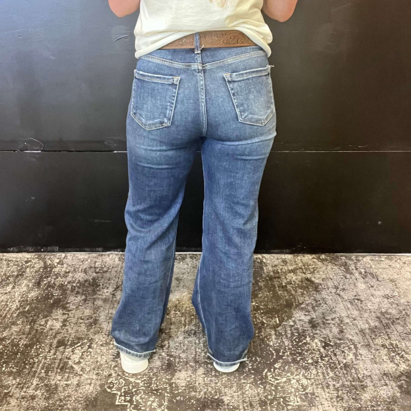 Dark Distressed Risen Trouser Leg Jeans - Country Lace Boutique