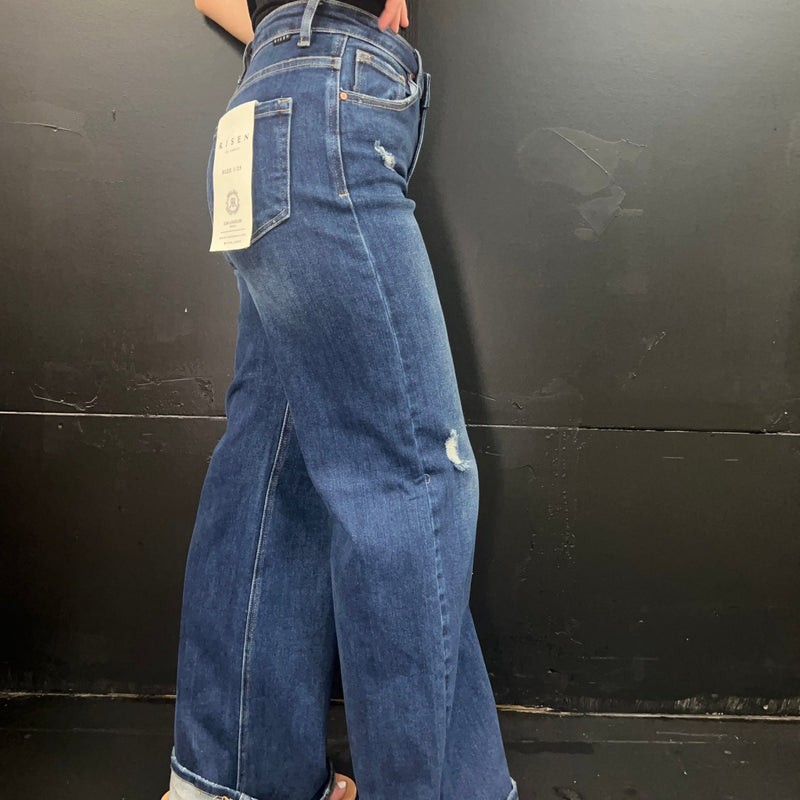 Dark Distressed Risen Trouser Leg Jeans - Country Lace Boutique