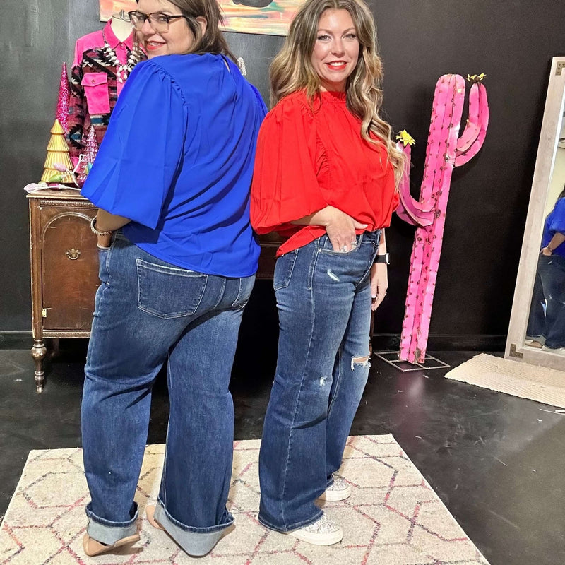 Dark Distressed Risen Trouser Leg Jeans - Country Lace Boutique