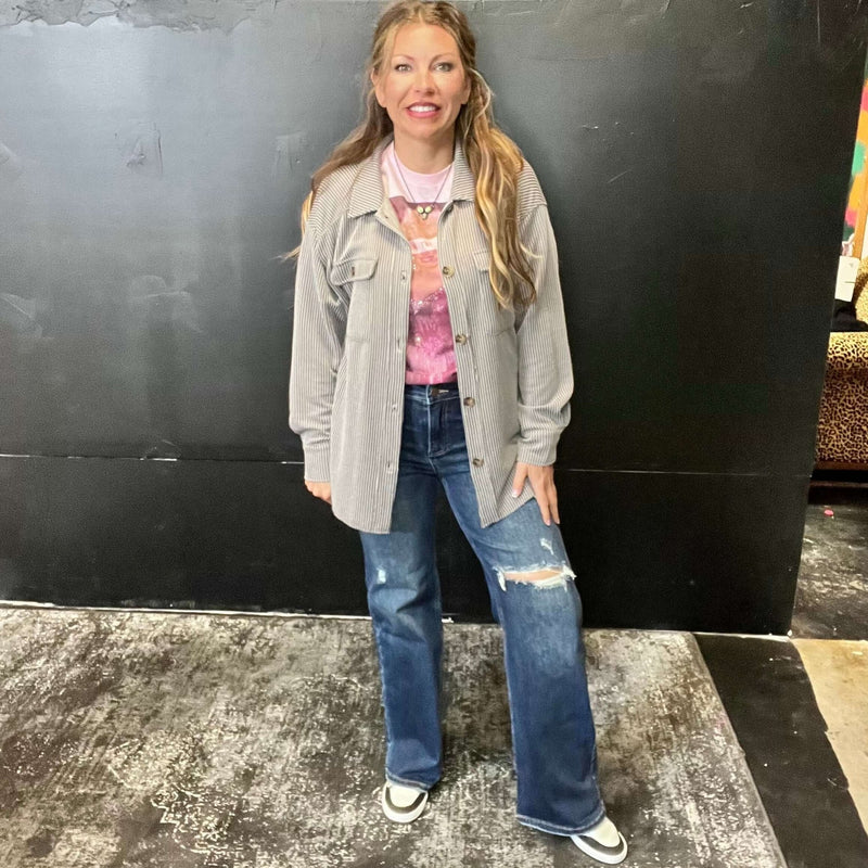 Dark Distressed Risen Trouser Leg Jeans - Country Lace Boutique