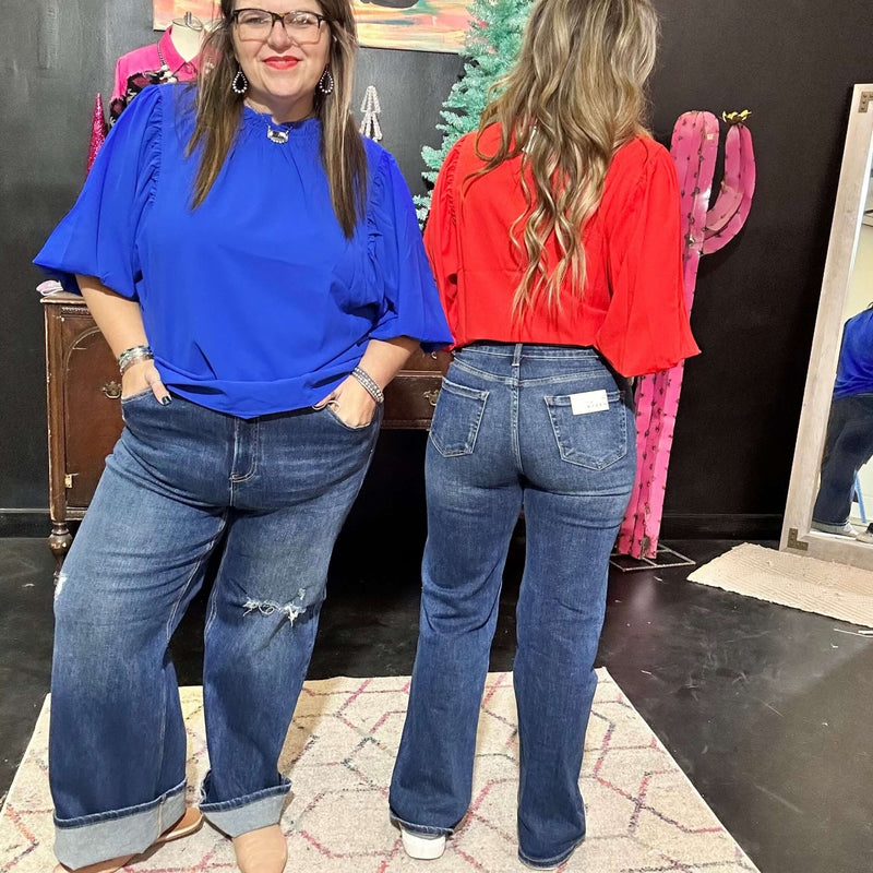 Dark Distressed Risen Trouser Leg Jeans - Country Lace Boutique