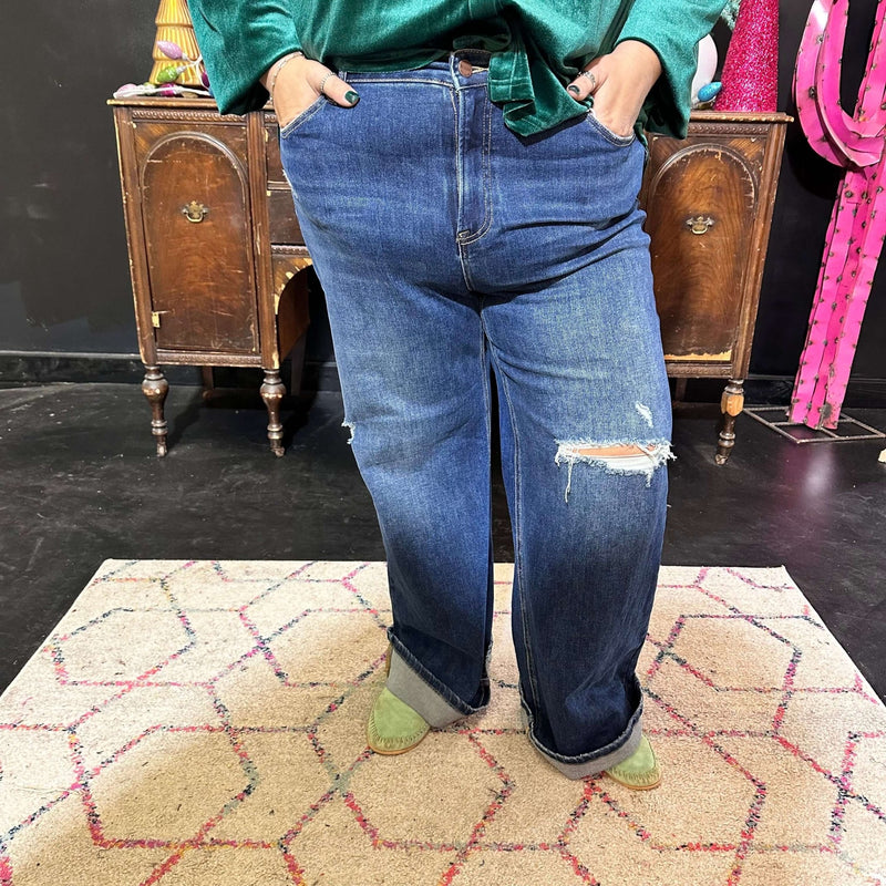 Dark Distressed Risen Trouser Leg Jeans - Country Lace Boutique