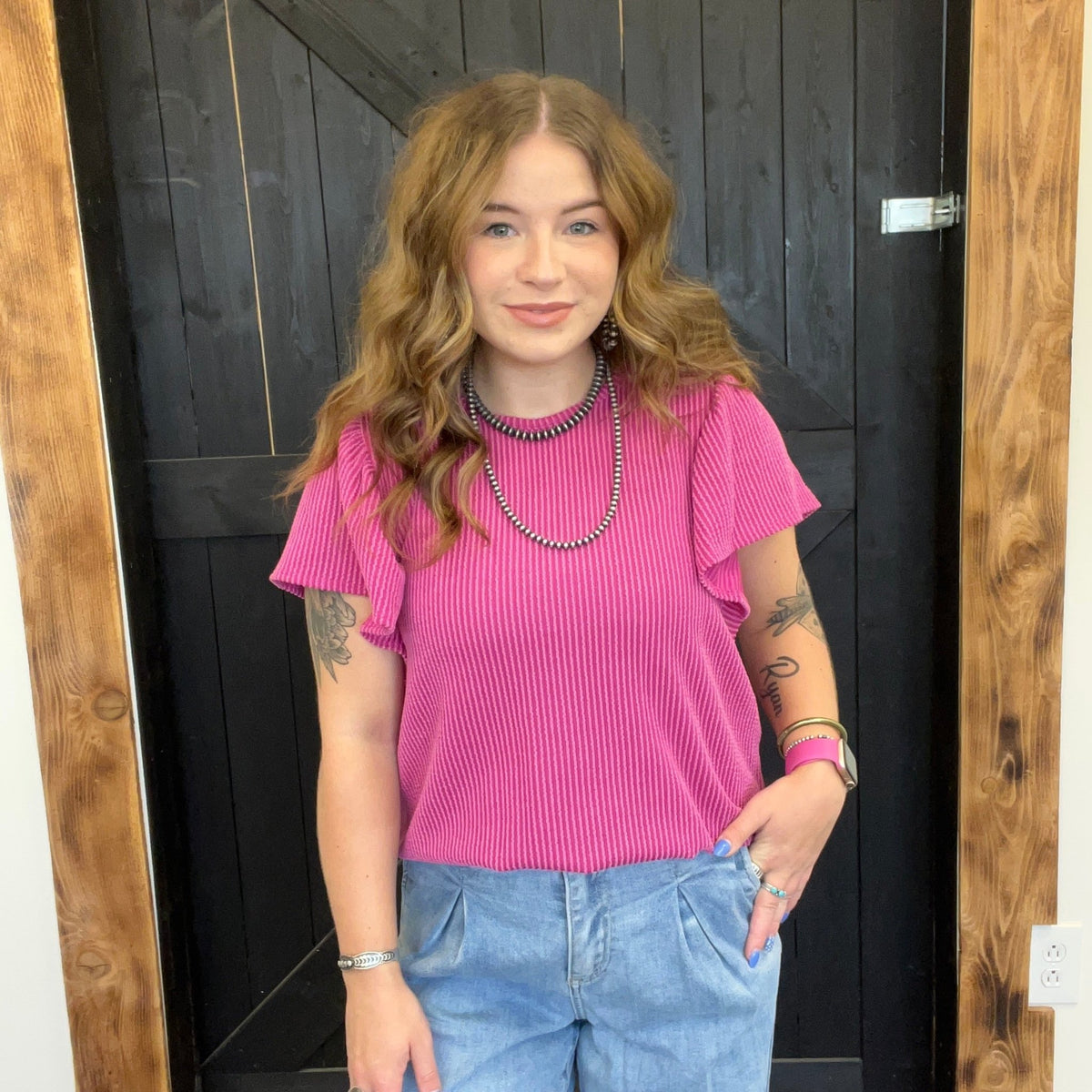 Dark Fuchsia Ribbed Flutter Sleeve Shirt - Country Lace Boutique