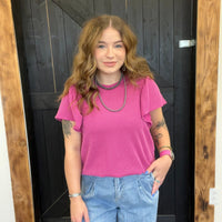 Dark Fuchsia Ribbed Flutter Sleeve Shirt - Country Lace Boutique