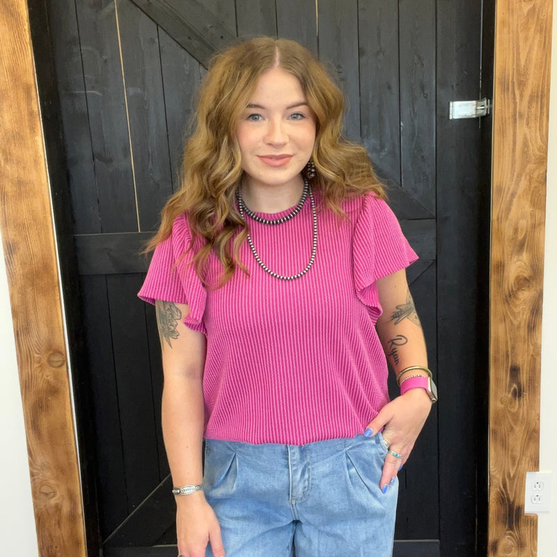 Dark Fuchsia Ribbed Flutter Sleeve Shirt - Country Lace Boutique