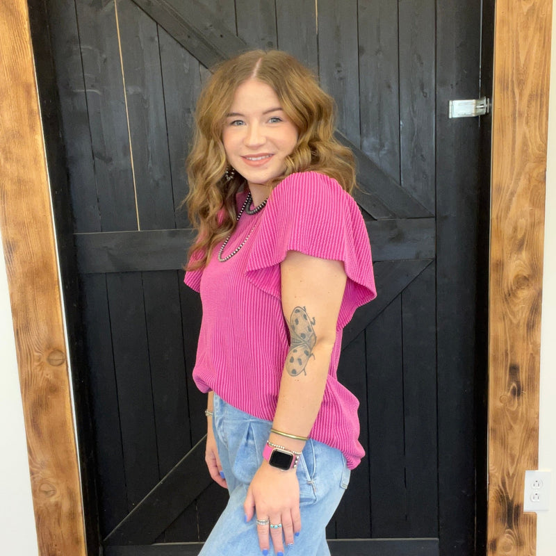 Dark Fuchsia Ribbed Flutter Sleeve Shirt - Country Lace Boutique