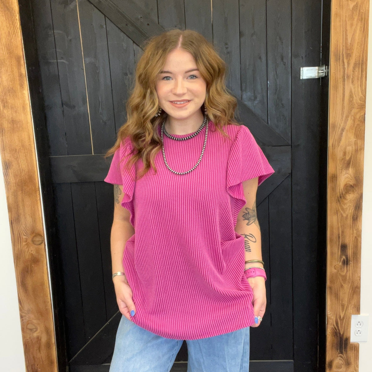 Dark Fuchsia Ribbed Flutter Sleeve Shirt - Country Lace Boutique