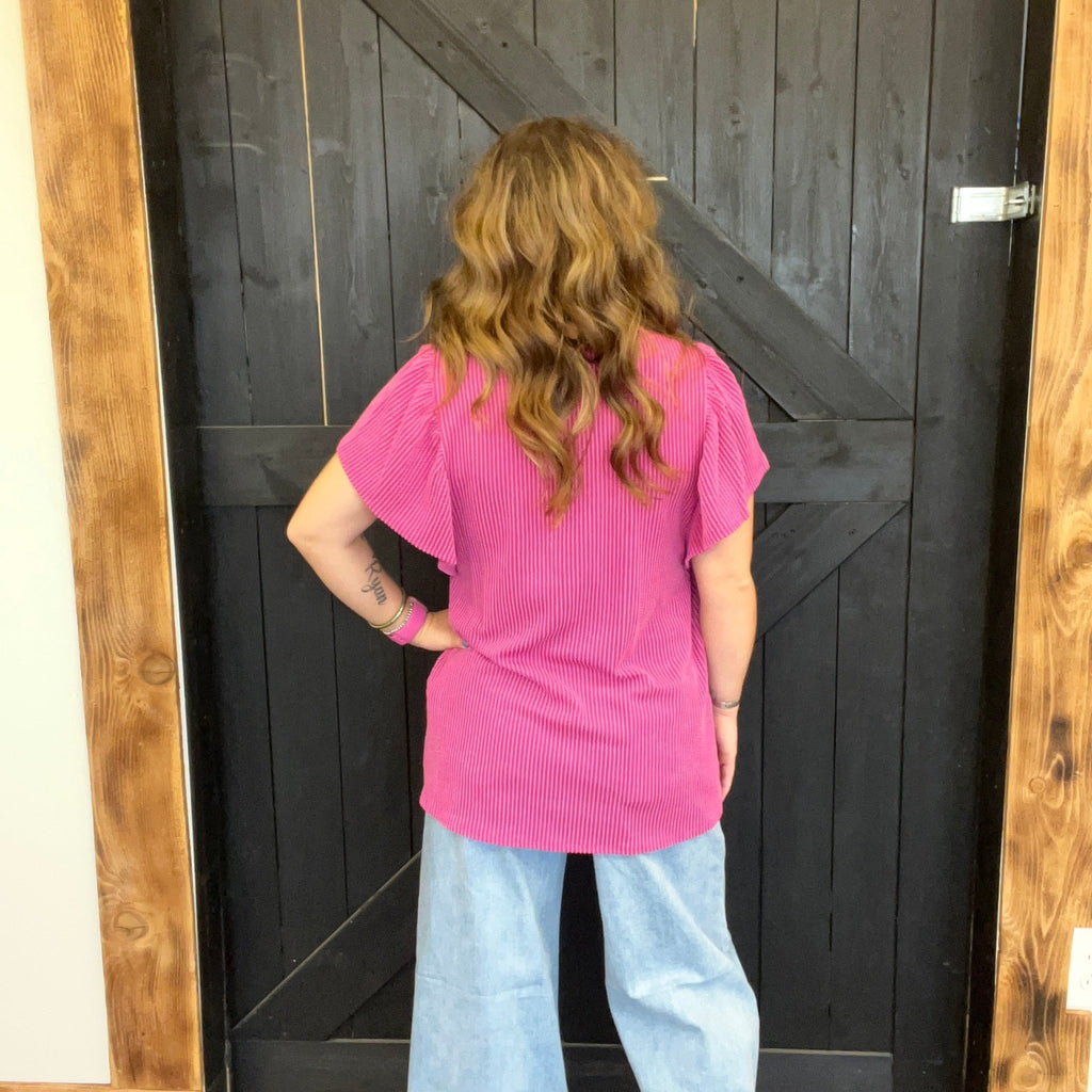 Dark Fuchsia Ribbed Flutter Sleeve Shirt - Country Lace Boutique