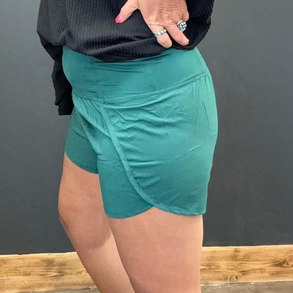 Dark Green High Waisted Athletic Shorts with Zip Waist Pocket - Country Lace Boutique