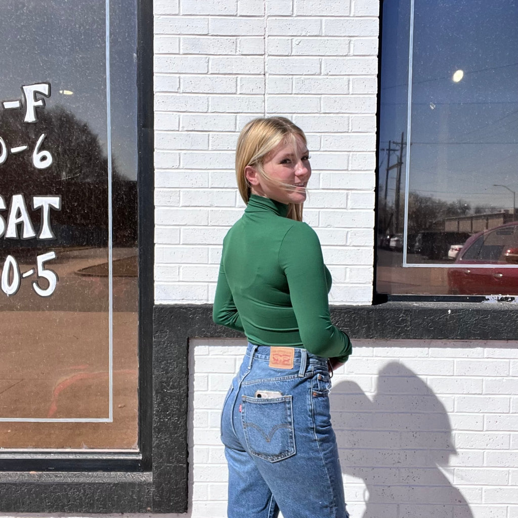 Dark Green Mock Turtle Neck Bodysuit Top - Country Lace Boutique