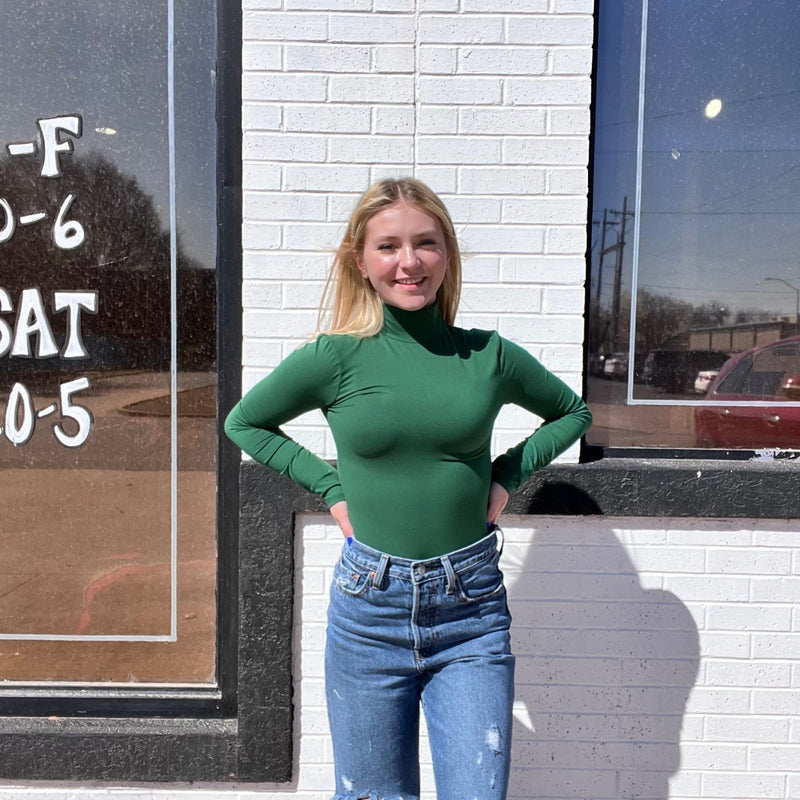 Dark Green Mock Turtle Neck Bodysuit Top - Country Lace Boutique