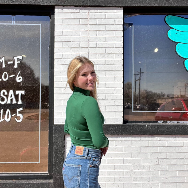 Dark Green Mock Turtle Neck Bodysuit Top - Country Lace Boutique
