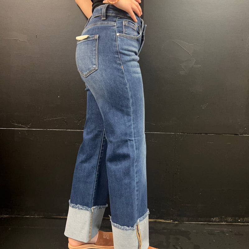 Dark Mid Rise Crop Wide - Wide Cuffed Risen Jeans - Country Lace Boutique