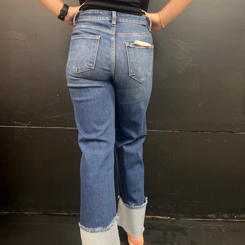 Dark Mid Rise Crop Wide - Wide Cuffed Risen Jeans - Country Lace Boutique