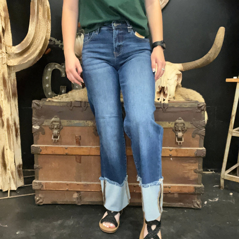 Dark Mid Rise Crop Wide - Wide Cuffed Risen Jeans - Country Lace Boutique