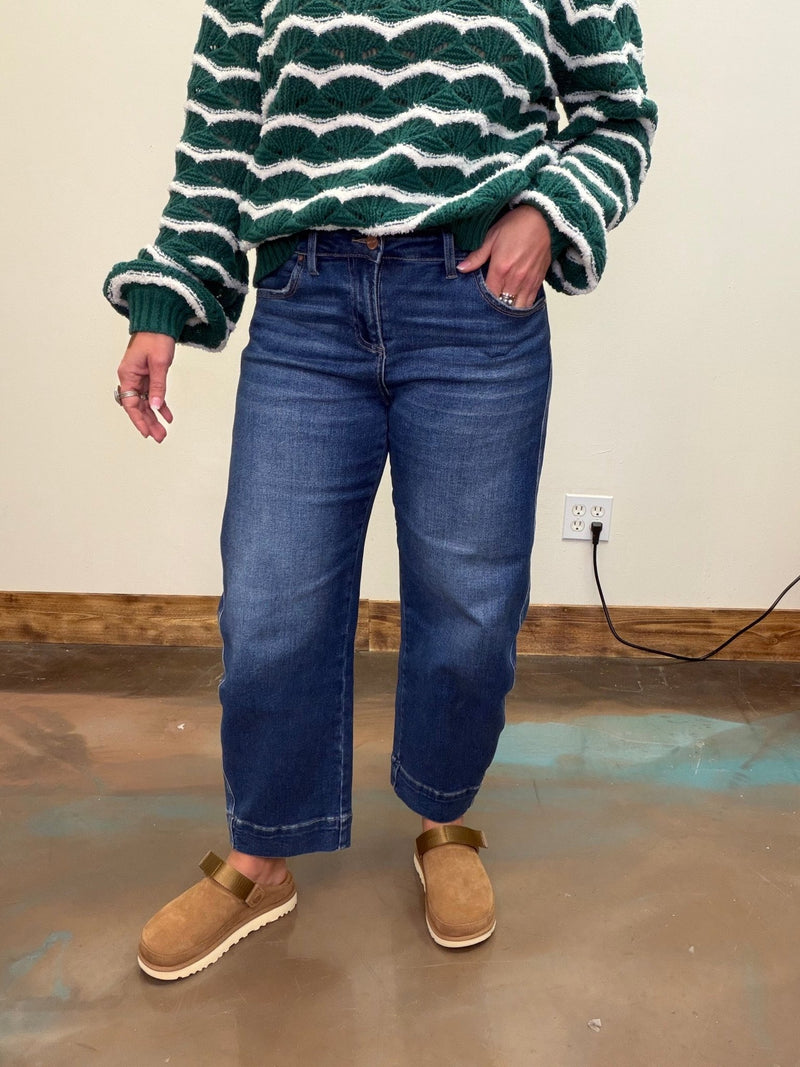 Dark Mid Rise Cropped Relaxed Barrel Risen Jeans - Country Lace Boutique