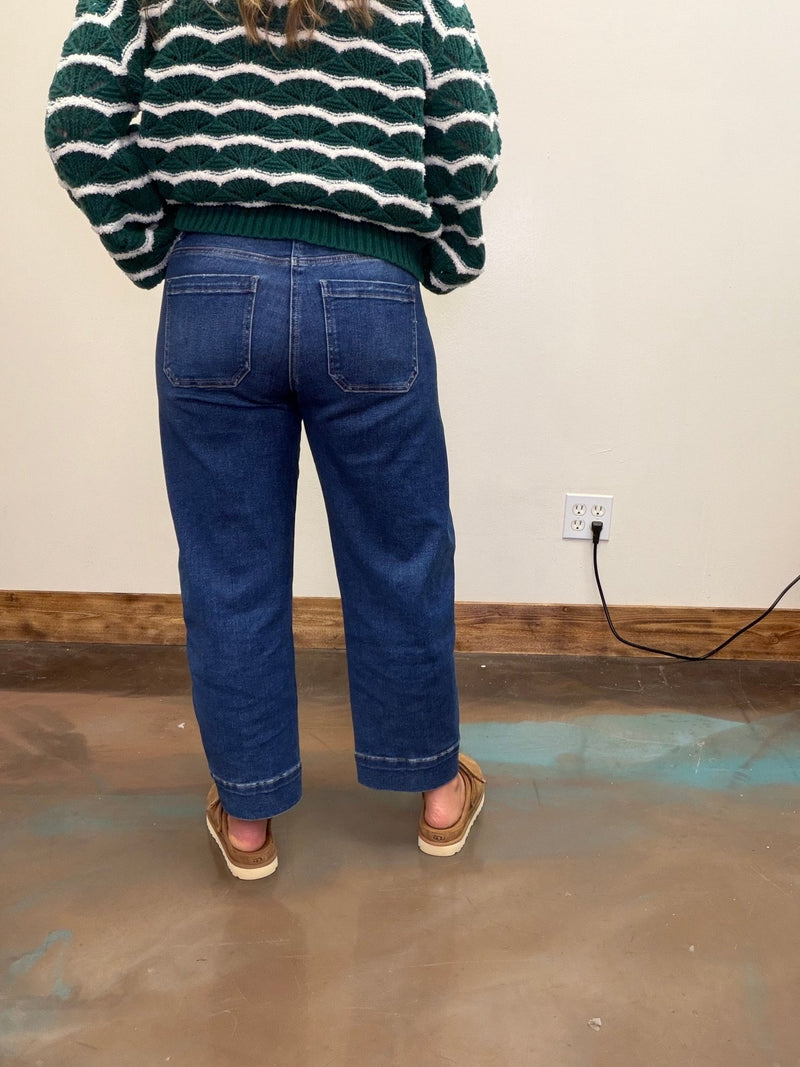 Dark Mid Rise Cropped Relaxed Barrel Risen Jeans - Country Lace Boutique