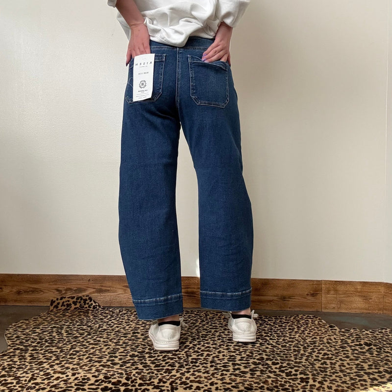 Dark Mid Rise Cropped Relaxed Barrel Risen Jeans - Country Lace Boutique