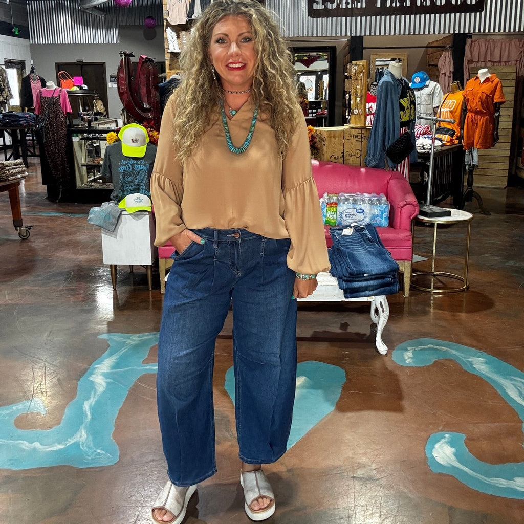 Dark Pleat Mid Rise Ankle Barrel Risen Jeans - Country Lace Boutique