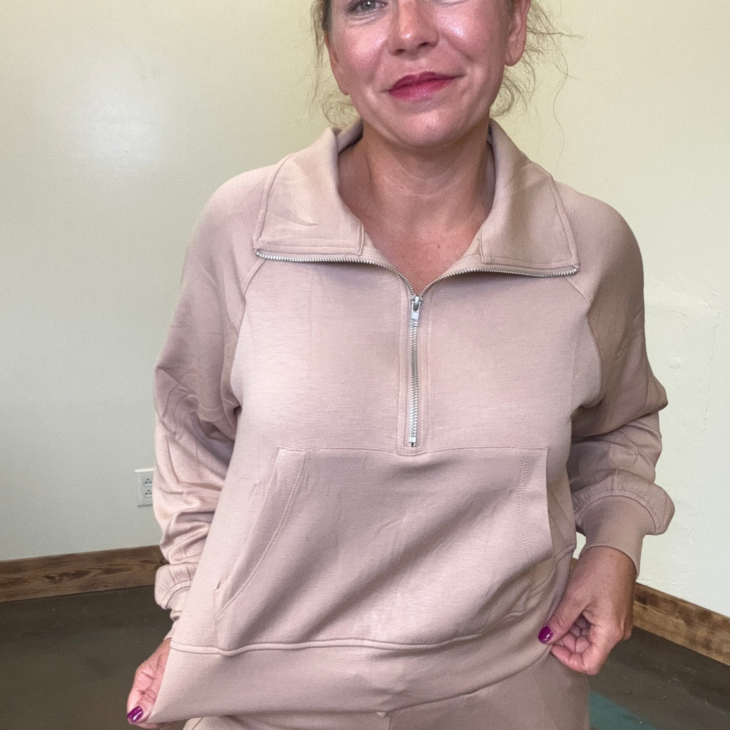 Dark Taupe Super Soft Half Zip Crop Sweat Shirt - Country Lace Boutique