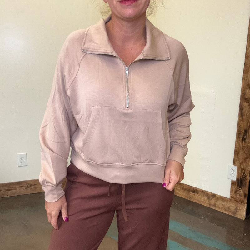 Dark Taupe Super Soft Half Zip Crop Sweat Shirt - Country Lace Boutique