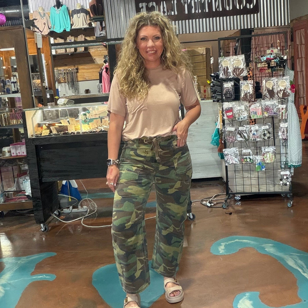 Mid Rise Cropped Relaxed Camo Barrel Risen Jeans - Country Lace Boutique
