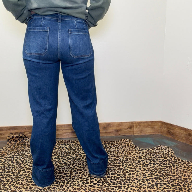 Dark Tummy Control Mid Rise Wide Flare Risen Jeans - Country Lace Boutique