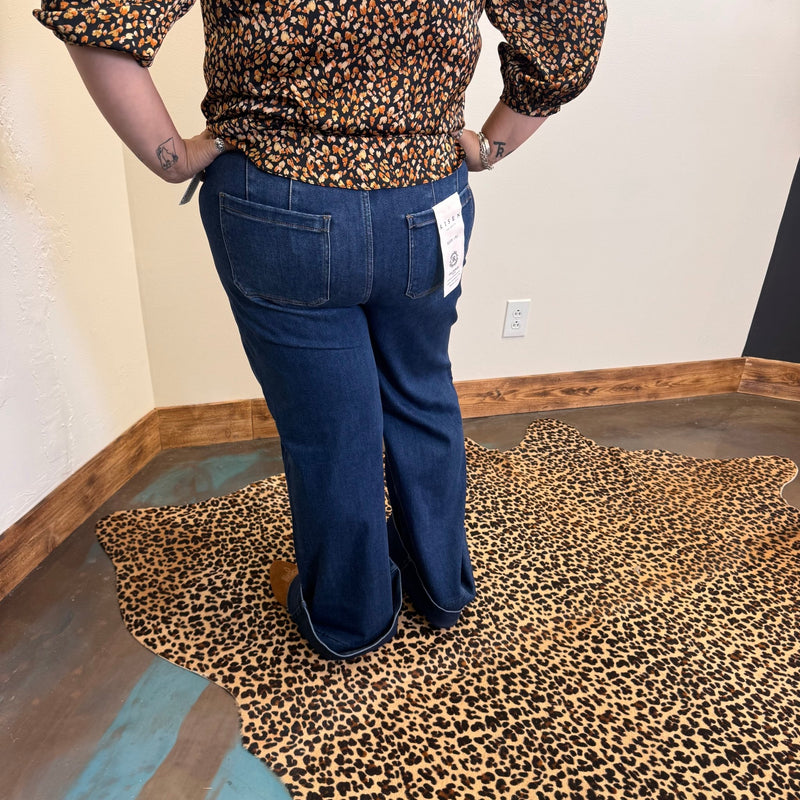 Dark Tummy Control Mid Rise Wide Flare Risen Jeans - Country Lace Boutique