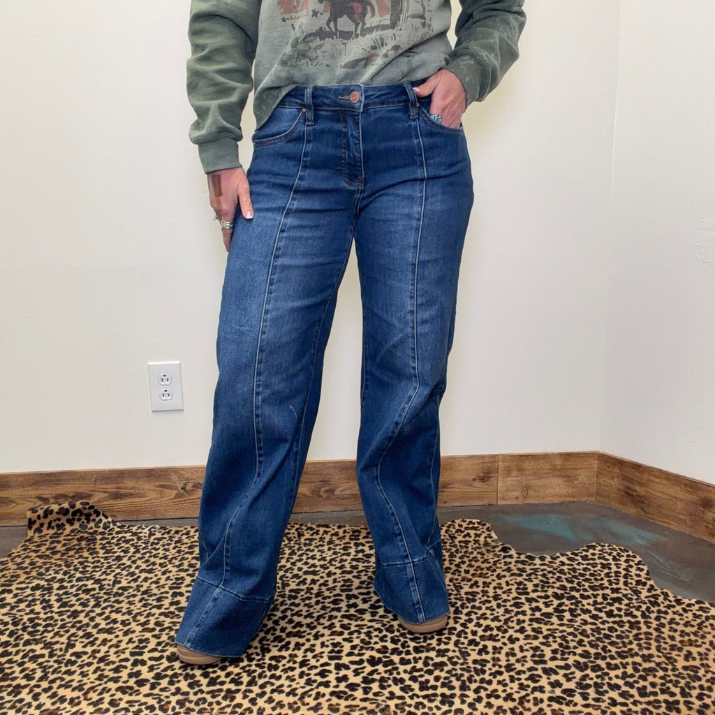 Dark Tummy Control Mid Rise Wide Flare Risen Jeans - Country Lace Boutique