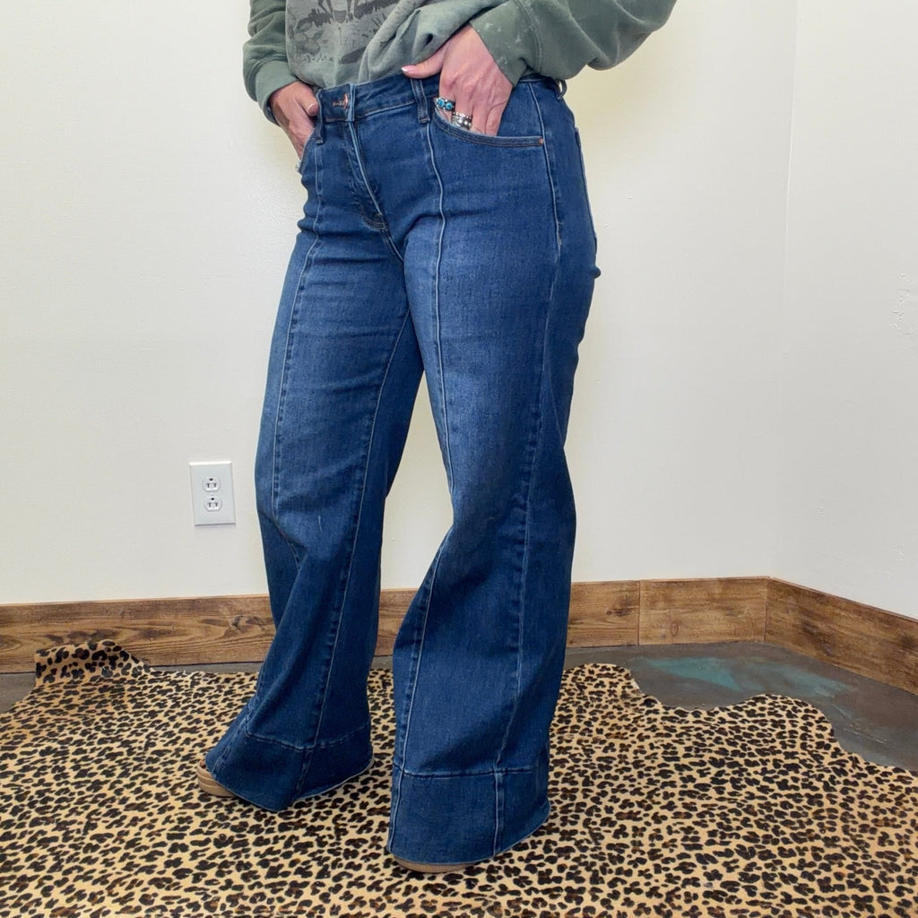 Dark Tummy Control Mid Rise Wide Flare Risen Jeans - Country Lace Boutique