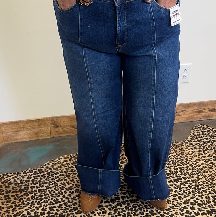 Dark Tummy Control Mid Rise Wide Flare Risen Jeans - Country Lace Boutique