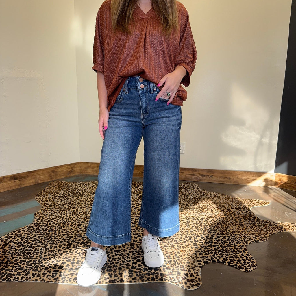 Dark Wash Crop 2 Button Risen Jeans - Country Lace Boutique